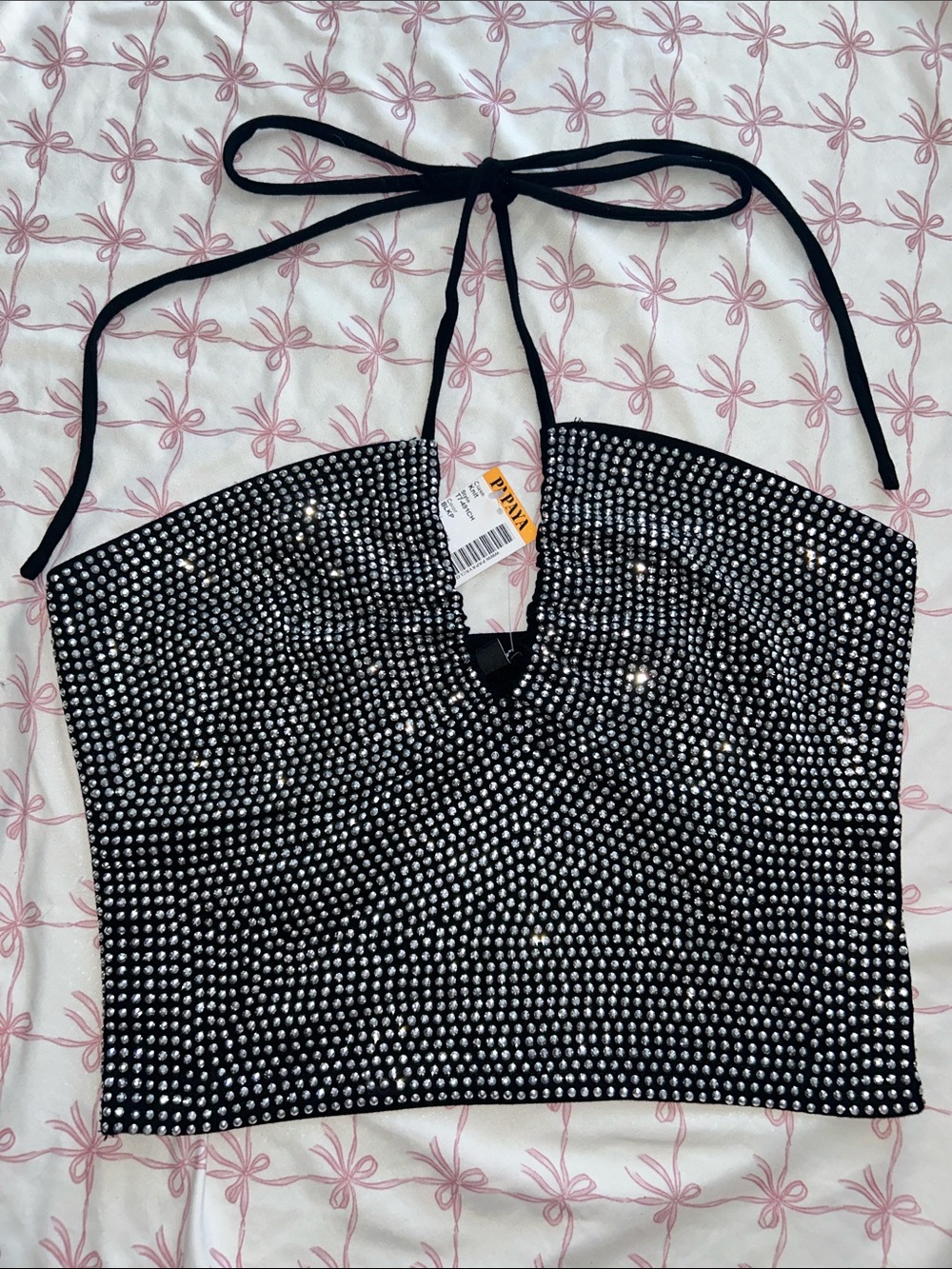 Papaya Black Rhinestone Halter Crop Top
